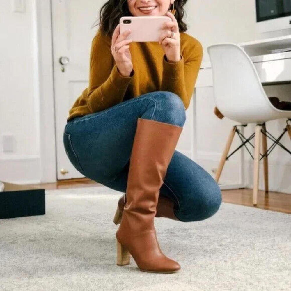 Cole Haan Women's Tall 6.5 Tan Glenda Leather Knee-High Boot With Wooden Heel